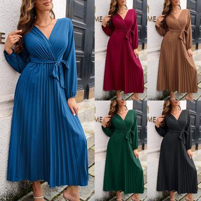 Women Elegant V-neck Pleated Chiffon Dress with Large Hem Long Sleeve Ladies Autumn Winter Dress