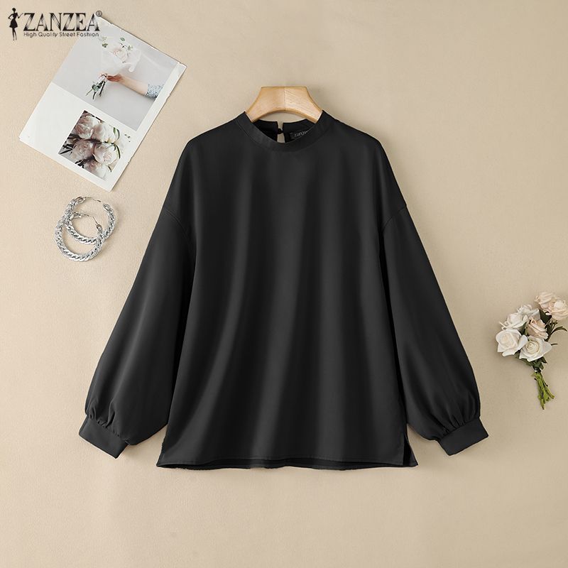 ZANZEA Women Elegant Mock Neck Long Puff Sleeve Casual Loose Solid Color Blouse Tunic Tops