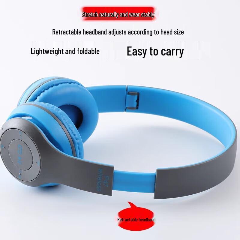Bluetooth Over-Ear Wireless Headset P47: Foldable, Sports Design, Heavy Bass, Card Slot, Comfortable Fit.