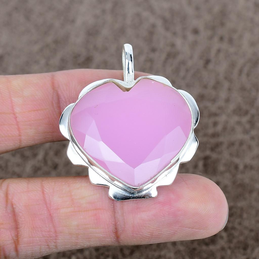 Pink Chalcedony Gemstone Handmade 925 Sterling Silver Jewelry Pendant 1.65" KKG-548