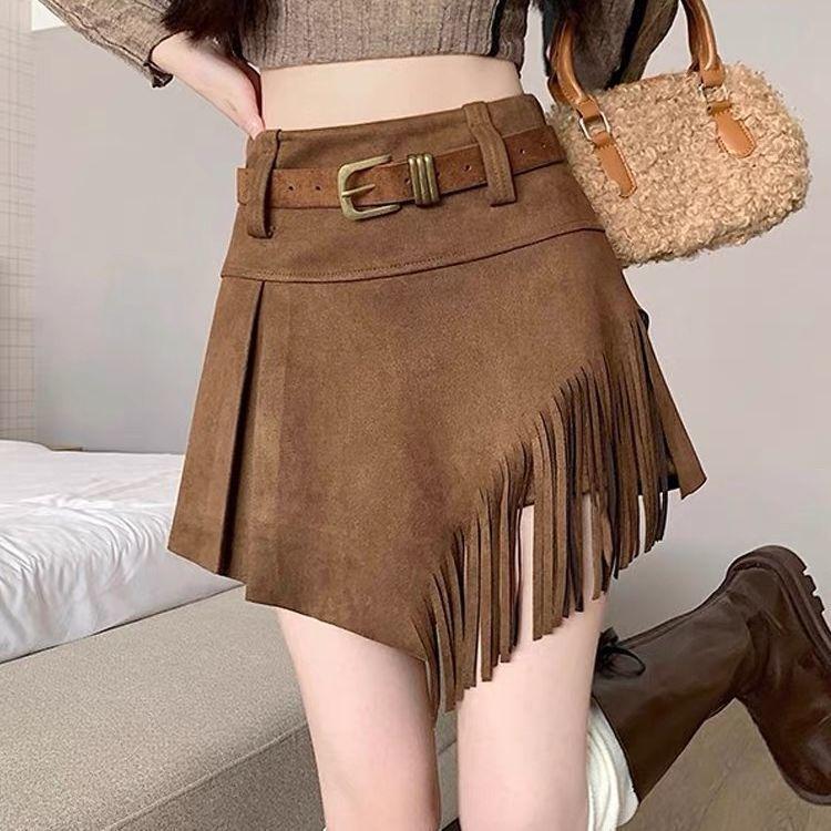 Literary and Retro Fringed Skirt, Free Belt for Women's Irregular High-waisted A-word Skirt, Design Sense Suede Skirt Fringe Western Cowboy Skort