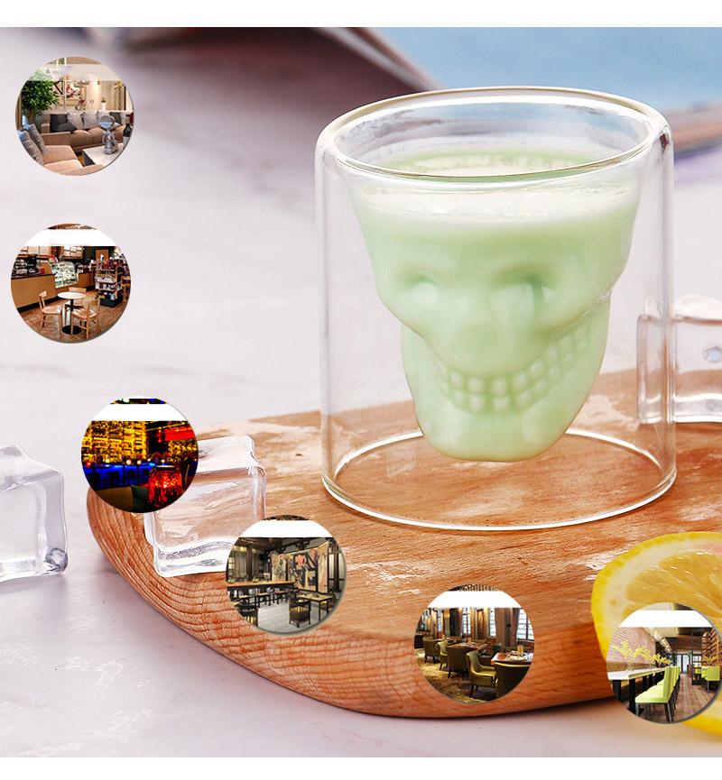 Kaffeetasse, doppelschichtig, transparent, Glasbecher mit Totenkopf-Motiv aus Kristallglas für den Haushalt, Whisky, Wein, Wodka, Bar, Club, Bier, Weinglas