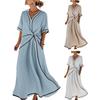 Women's Summer Casual Twist Waist Long Dress Cotton Linen Short Sleeve V Neck Boho Swing Dress Beach Vacation Flowy A-line Sundress