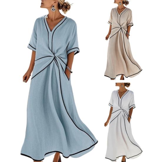 Women's Summer Casual Twist Waist Long Dress Cotton Linen Short Sleeve V Neck Boho Swing Dress Beach Vacation Flowy A-line Sundress