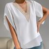 Women Elegant Youth Office Lady Shirt 2023 Spring Fashion Lace V Neck Chiffon Blouse Half Short Sleeve Summer Top 25837