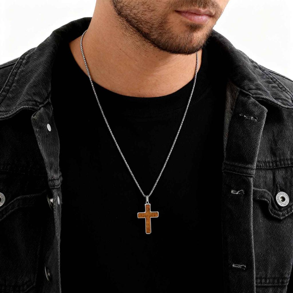 Collar Colgante Cruz de Acero Inoxidable Clásico, Ágata Negra Turquesa Ojo de Tigre Piedra Natural Moda Vintage Joyería para Hombres