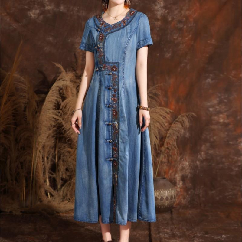 Johnature Summer Woman Chinese Style Single Breasted Cheongsam Dress Disc Buckle Vintage Embroidery Cowboy Dress