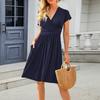 Dámské šaty s krátkým rukávem s výstřihem do V, splývavé šaty, ležérní plisované áčkové šaty s kapsami, letní plážové šaty