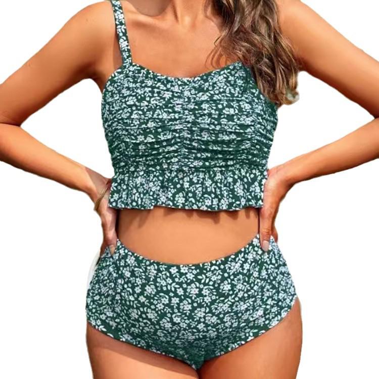 2025 European & American Floral Leopard Print Maternity Swimsuit: Ruffle Design with Tummy Coverage & Abdominal Support