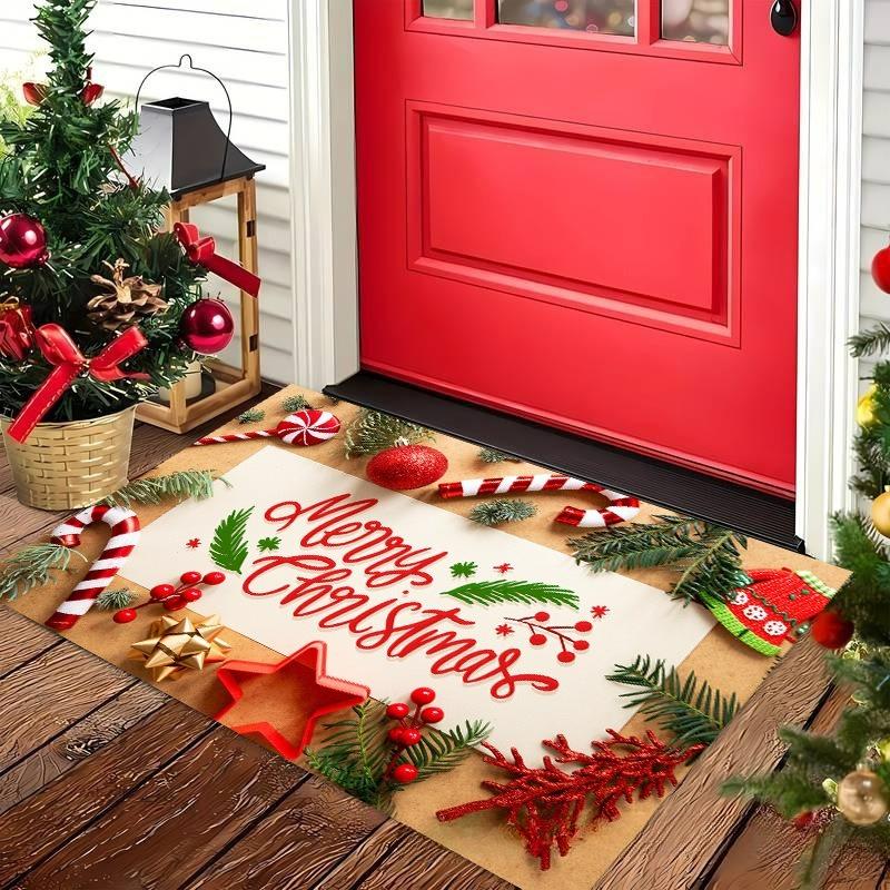 Christmas Large Carpet Santa Claus Snowman Cane Rug "Merry Christmas" Mat Snowflake Home Decoration Entryway Floor Mat Home Rugs