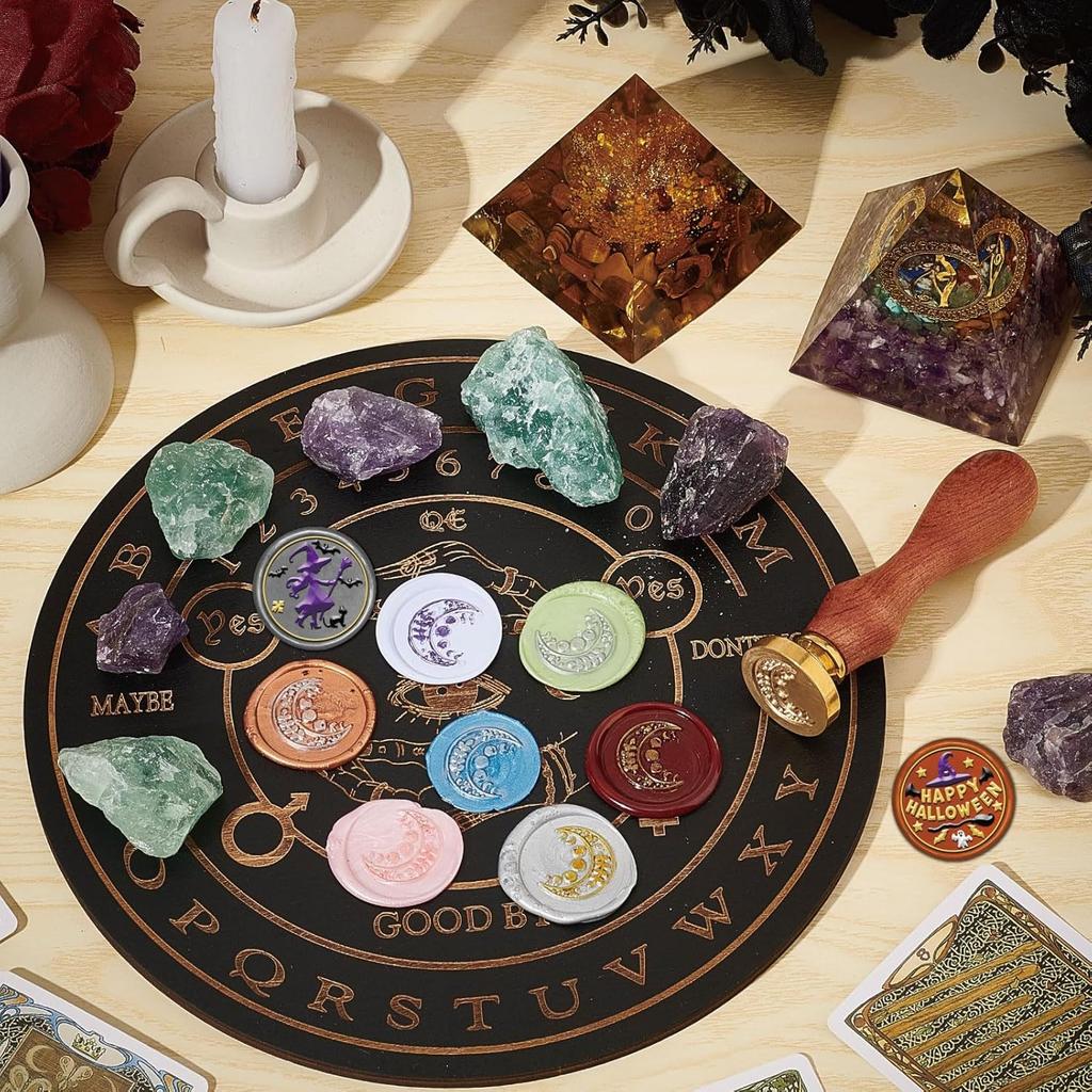 CRASPIRE 2 Style Happy Halloween Wax Seal Stamp Set Brass Sealing Stamp Heads + 1pc Wood Handle Removable Witch Hat Bat Ghost Kit for Decorating