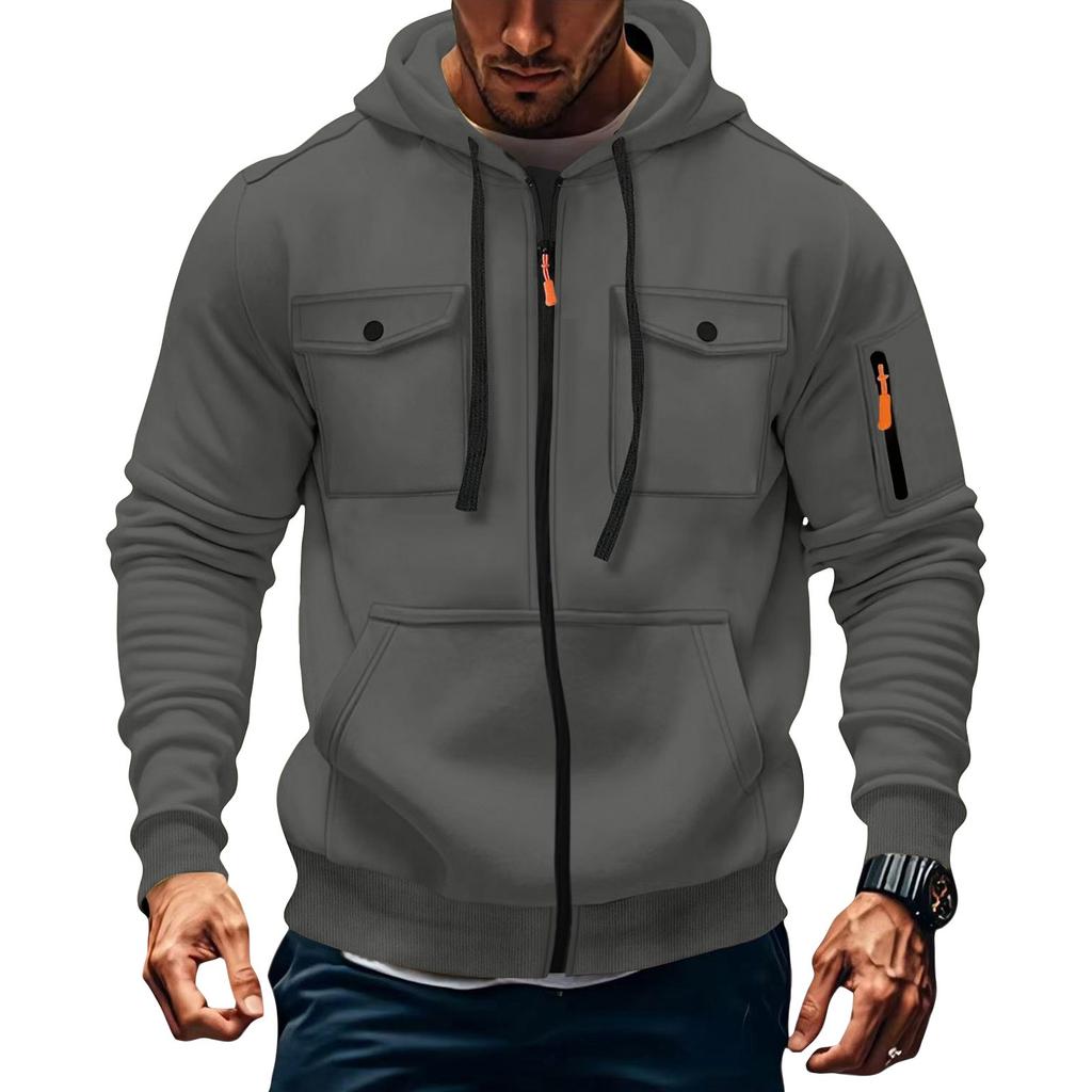 Pánská mikina s kapucí na zip, kardigan s více kapsami, pánská sportovní mikina ležérního střihu ve velké velikosti