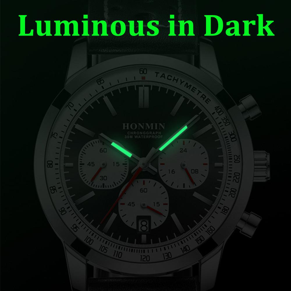 Multifunktions-Sportuhr Herren Luxus Chronograph Kalenderuhr Mann Leder Wasserdicht Leuchtende Armbanduhren