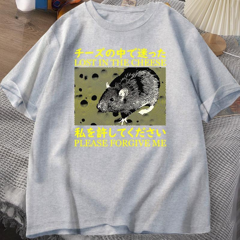 Japanese Style Lost In The Cheese Rat Tshirts Women Cotton Short Sleeve T Shirt Unisex Clothes Tshirts Oversized Streetwear Tops