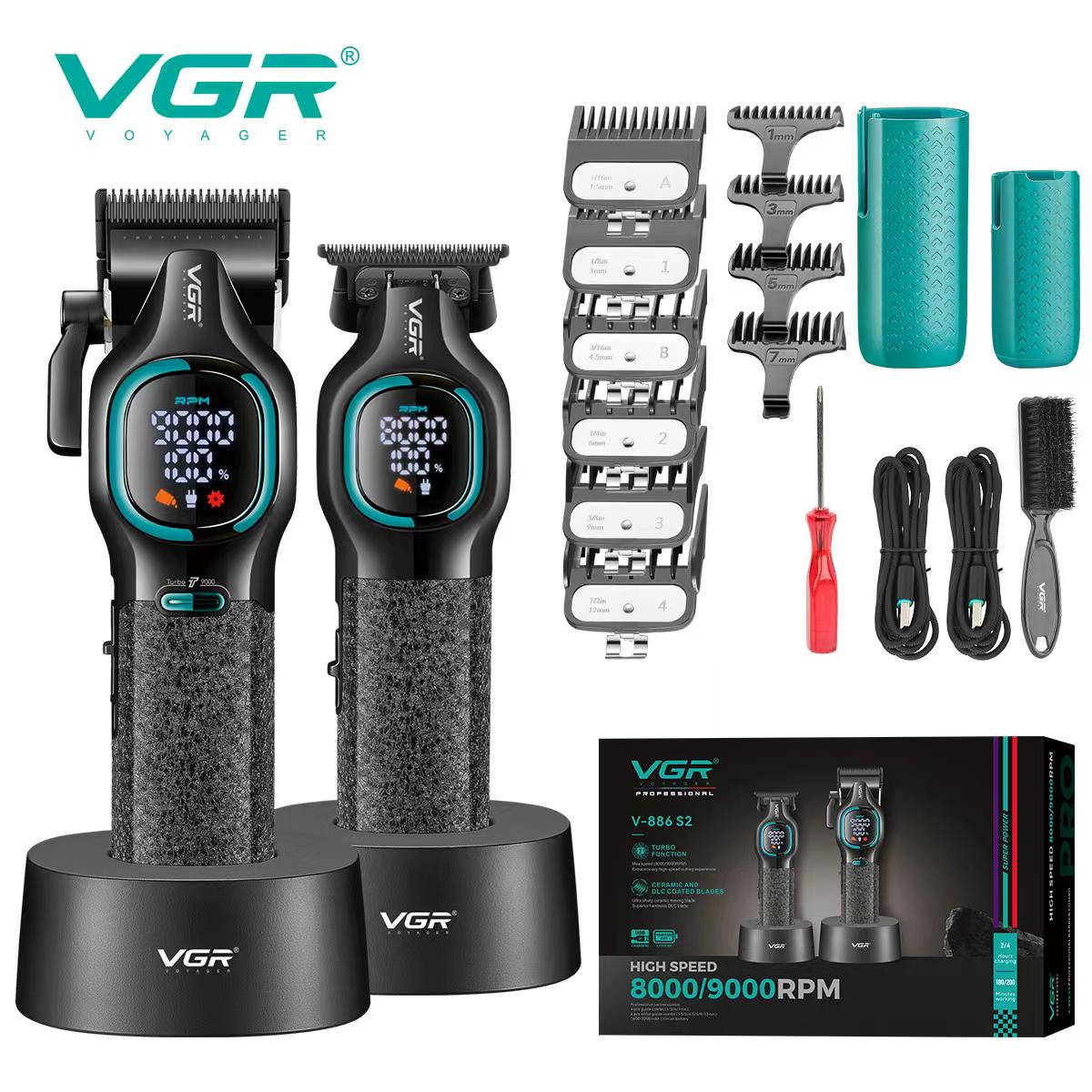 

VGR V-886 S2 New High-end Hair Clipper Two-piece Set Alloy Blade Hair Trimmer Metal Body 9000 RPM Oil Head Carving Push Shear with LED Digital Display