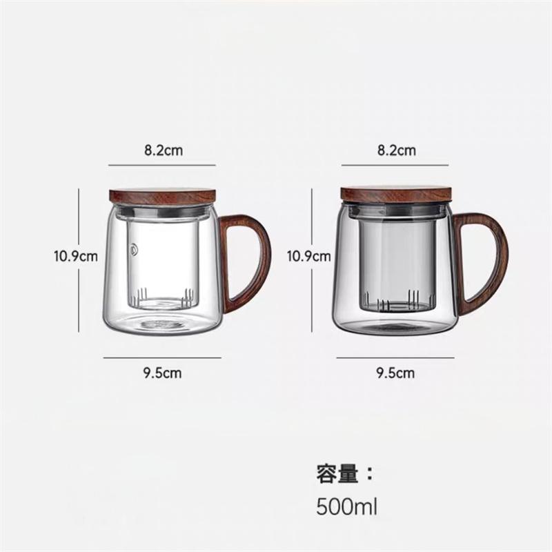 Tea Water Separation Glass Tea Cup With Walnut Wooden Handle Chinese Heat Resistant Puer Filter Cups Kung Fu Tea Cup Set