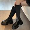 Black Square Heel Motorcycle Boots Retro Brown Belt Buckle Round Head Women's Boots Platform Rear Zipper Non-slip Women Shoes