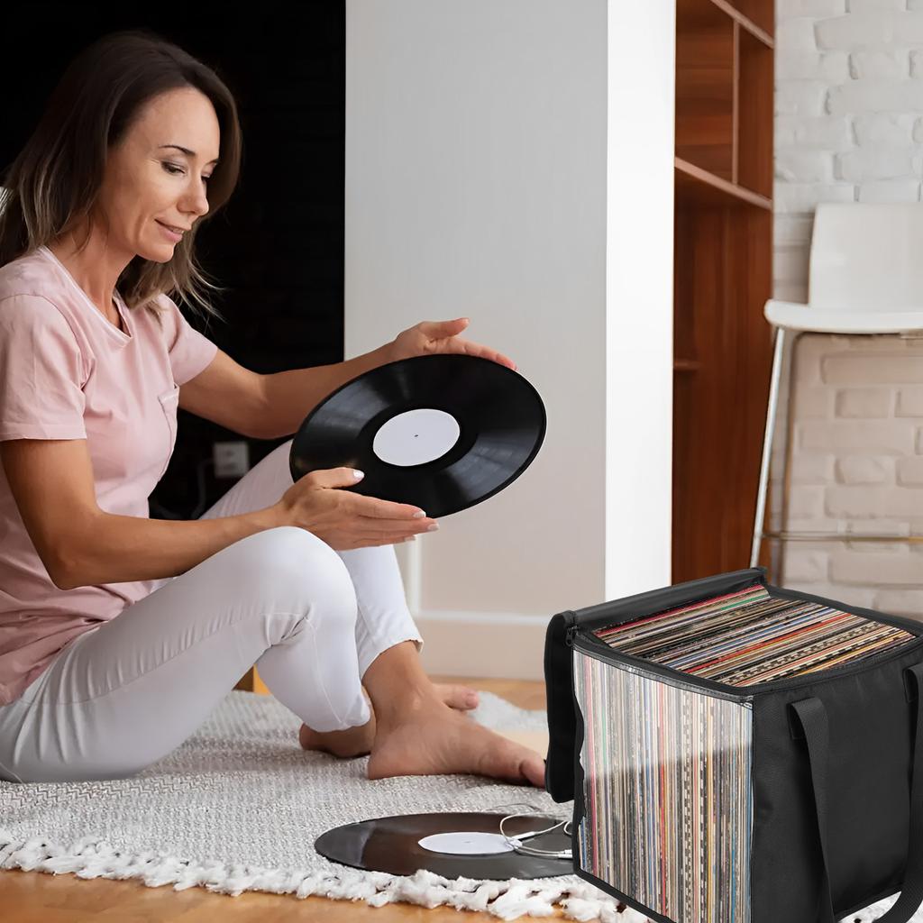 Clear Vinyl Record Carrying Bag with Handle and Lid Large Capacity Record Album Holder Holds up to 50 for Vinyl Record Organizer