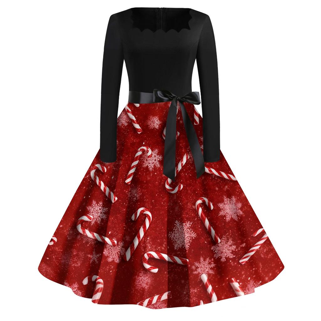 Women's Casual Fashion Christmas Print Square Neck Vintage Dress for Holiday Party