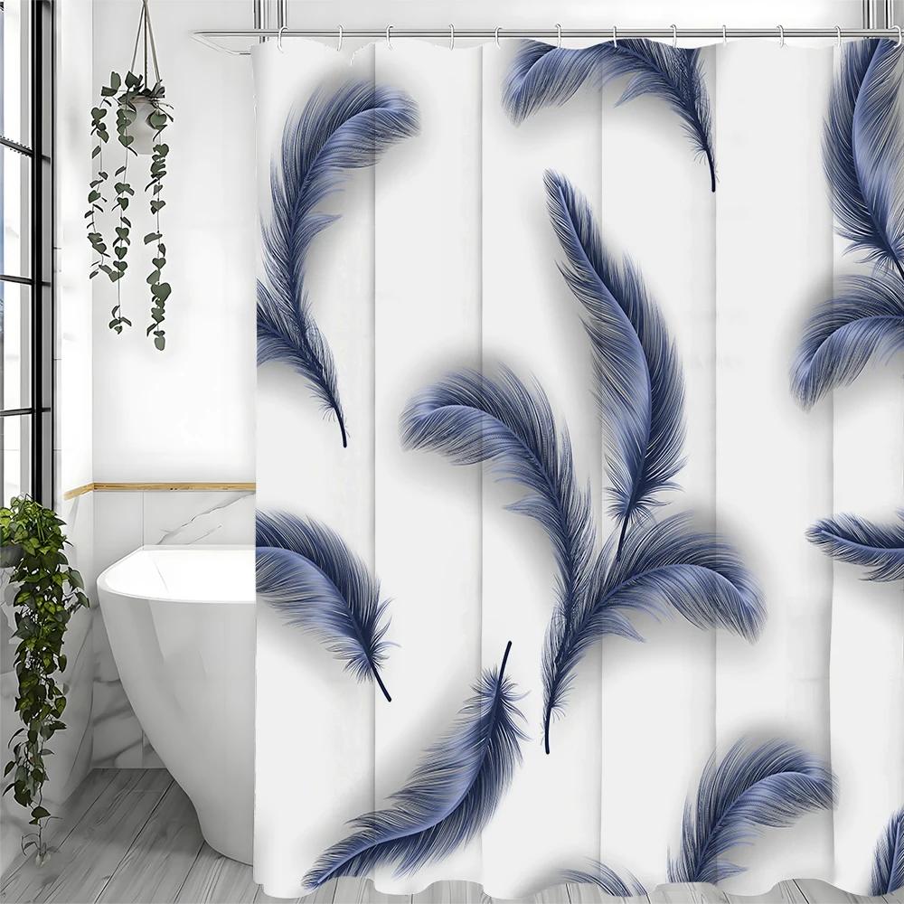 Blue Feather Shower Curtain, Bathroom Decorative Shower Curtain, Waterproof Shower Curtain with Hooks