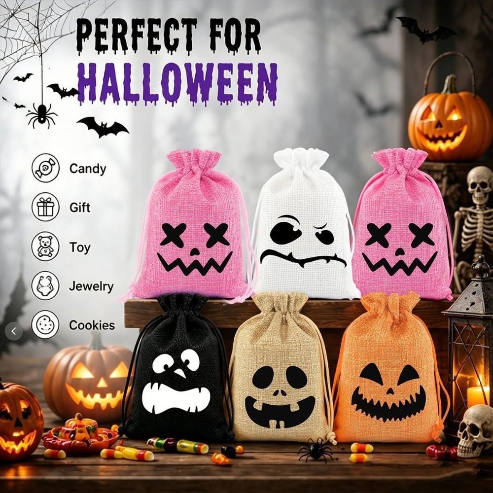 5Pcs Reusable Halloween Candy Bags Linen Halloween Gift Bags Spooky Face Pouches Trick or Treat