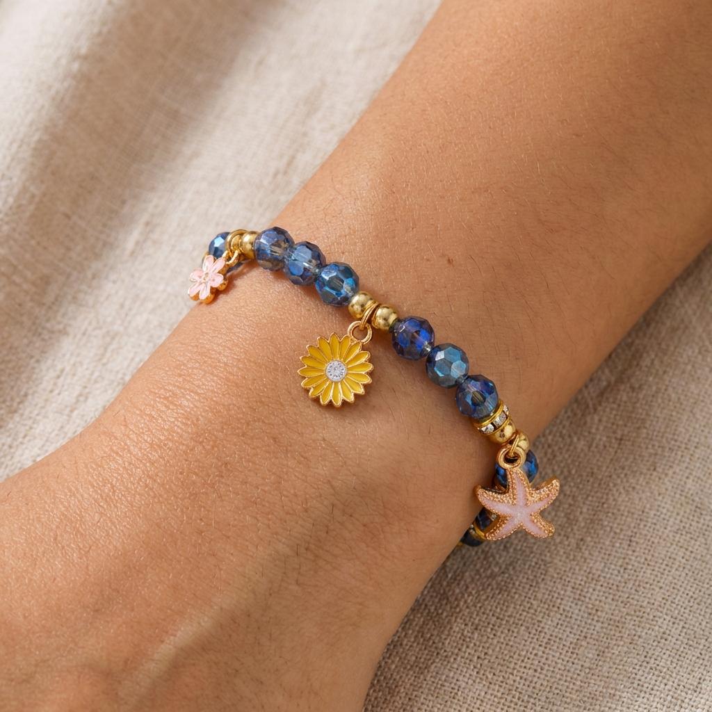 Bohemian Blue Crystal Beaded Bracelet for Women Gold Color Tone Starfish Sunflower Charms Elastic Hand Chain Summer Jewelry Gift