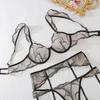 4pcs Sexy Ultra-thin Mesh Women'S Lingerie Set with French Hollow Lace Breathable Bra Thong Thigh-High Socks and Thigh Lace Trim