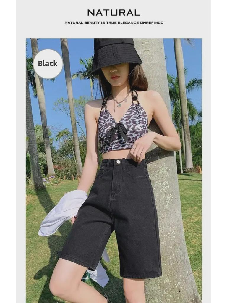 2024 Women's High-Waist Wide-Leg Denim Shorts – Slim, Loose, 5-Point Fit