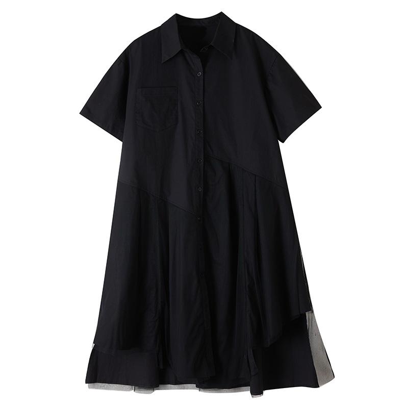 Short Sleeve Plus Size Black Cotton Mesh Vintage New In Dresses for Women Casual Loose Long Summer Shirt Dress