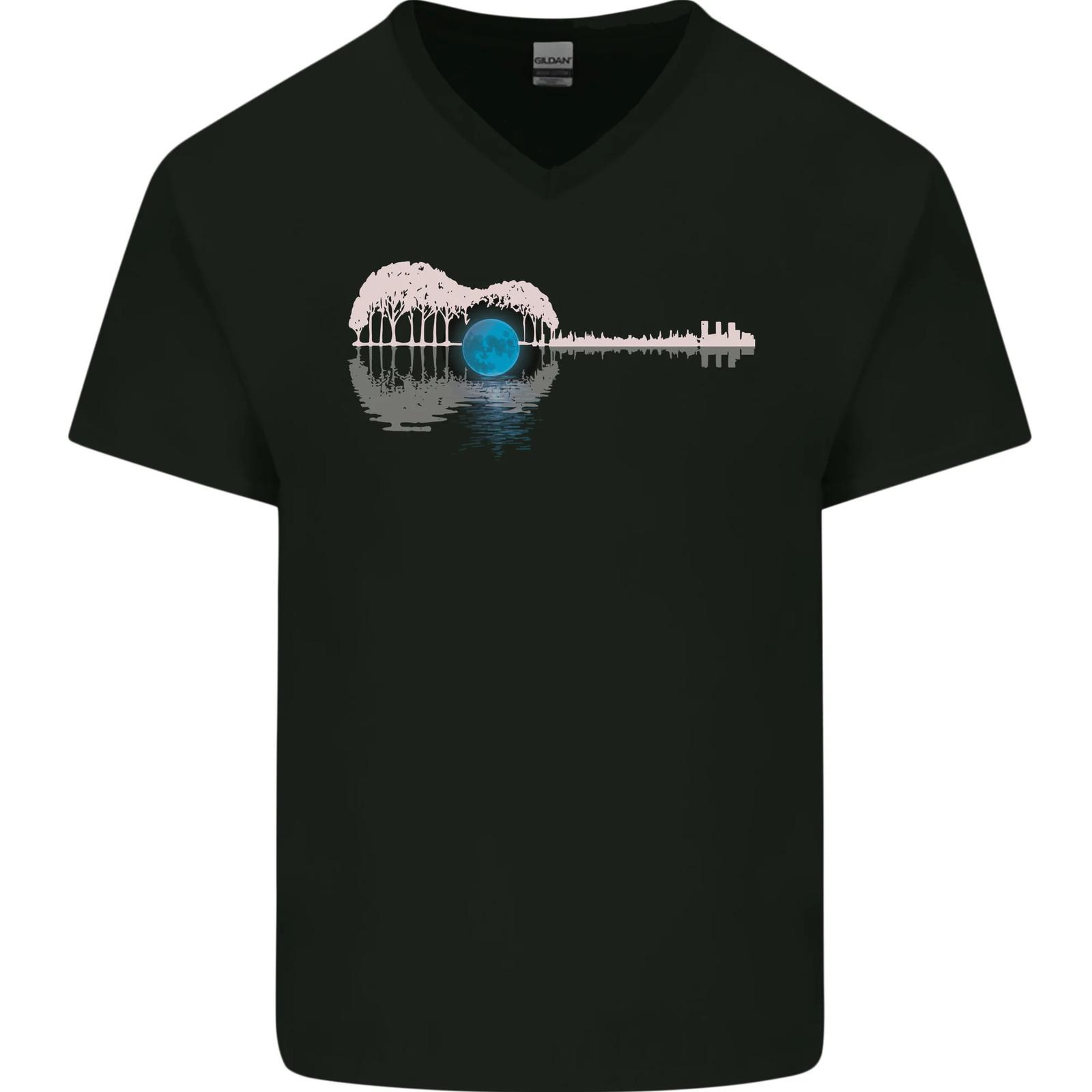 Acoustic Guitar Water Reflection Music Moon Mens VNeck Cotton T-shirt XXL