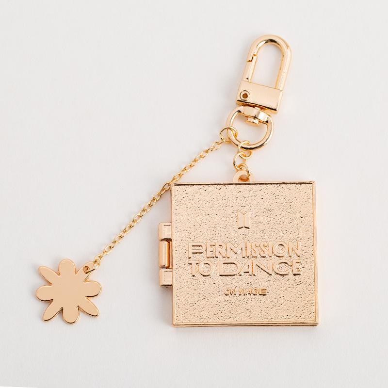 

BTS Permission to Dance Book Keychain, Bangtan Boys Engraved Metal Charm with Flower Pendant, Kpop ARMY Fans Bag Accessory
