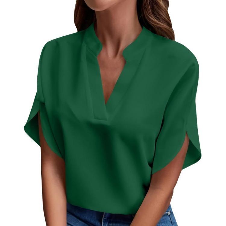 Spring Summer Casual V Neck Pullover Shirt Versatile Solid Color Short Sleeve