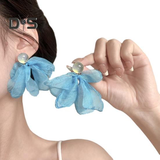 Women Mesh Petal Drop Earrings Handmade Large Chiffon Floral Dangle Earrings Vintage Stud Earrings for Vacation Wedding