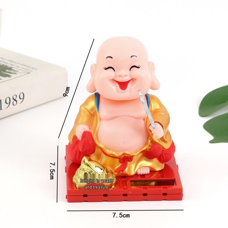 Online Solar-Powered Wooden Little Monk Car Figurine - Buddha Decoration