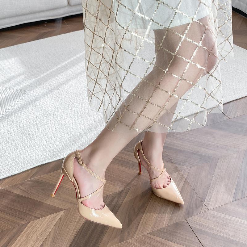 Nude high heels women's stilettos new summer sexy royal sister cross strap pointed head red sole bag head sandals