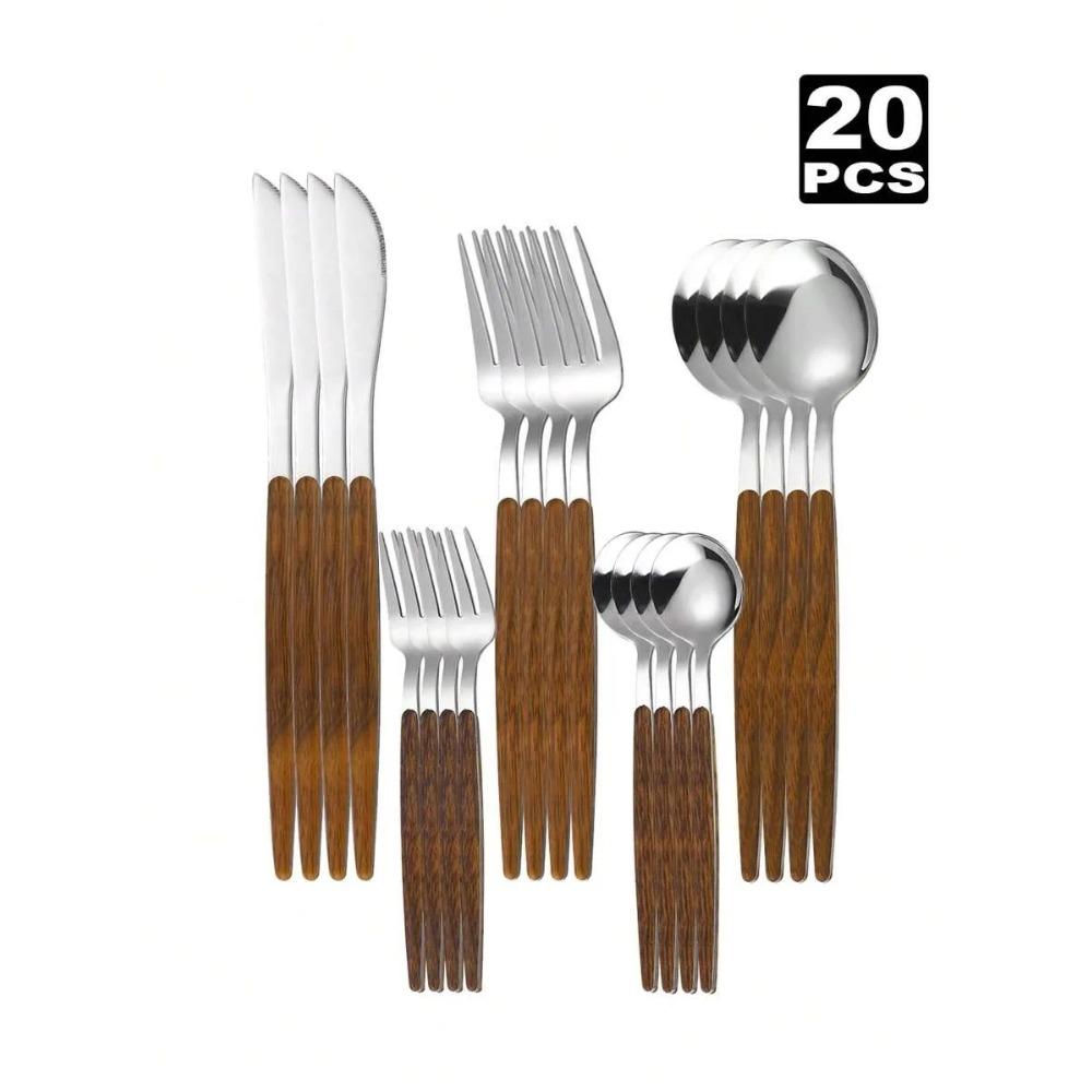 

5/20/30 шт. Набор столовых приборов из нержавеющей стали, столовые приборы с пластиковой ручкой под дерево, подходящие для кухни, отеля