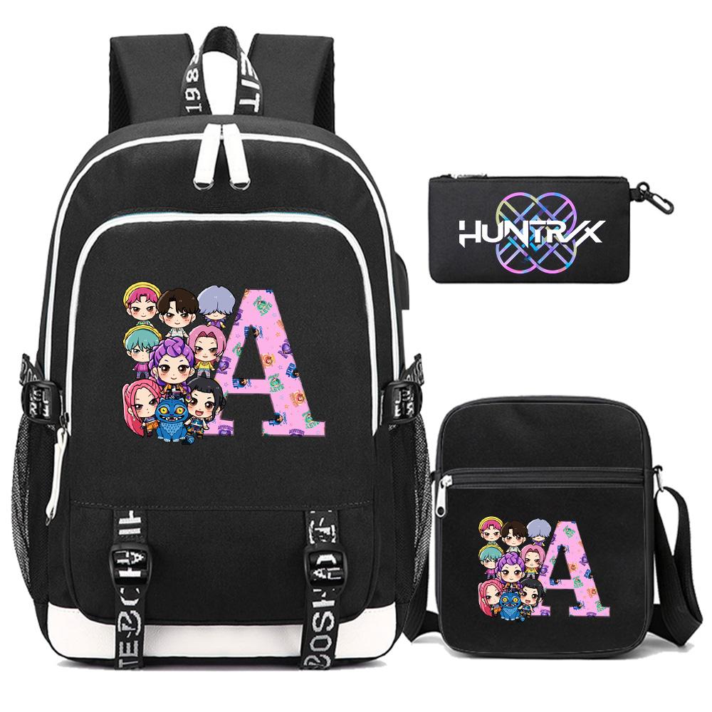3Pcs/set 26 English Letter Kpop Printed Backpack with Shoulder Bag Pencil Case for Teenager Girl Boy Bookbag Large Capacity Waterproof Travel Bag