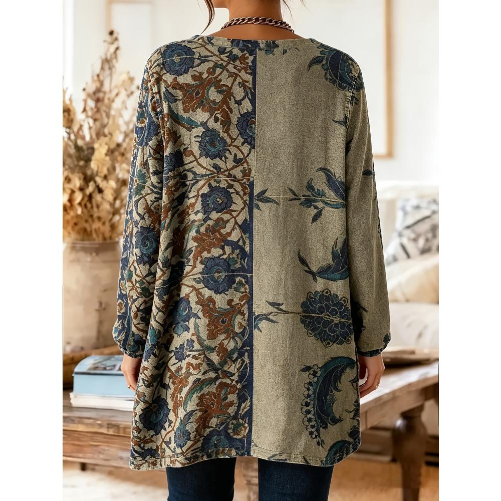 Large size women's pocket long-sleeved T-shirt, ethnic print versatile top, excluding accessories
