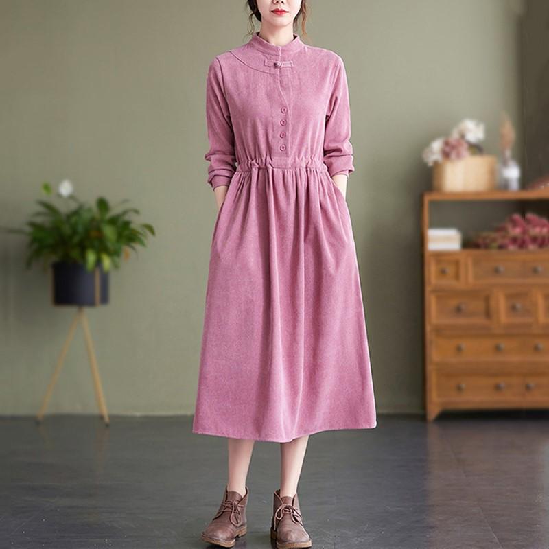 Long sleeve plus size Corduroy vintage new in dresses for women casual loose spring autumn dress