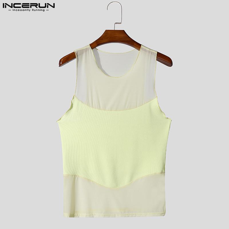 INCERUN Menn Ermeløs Mesh Patchwork Sexy Club Party Slim Tank Tops