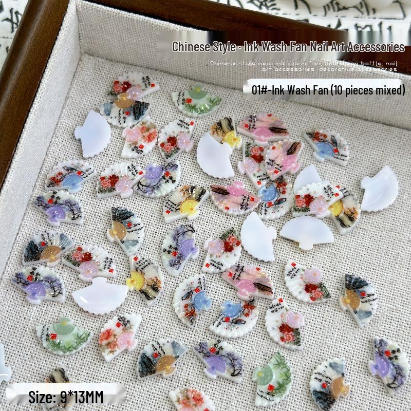Ancient Jade Fan & Vase Nail Art Accessories with Ink Wash Rhinestones