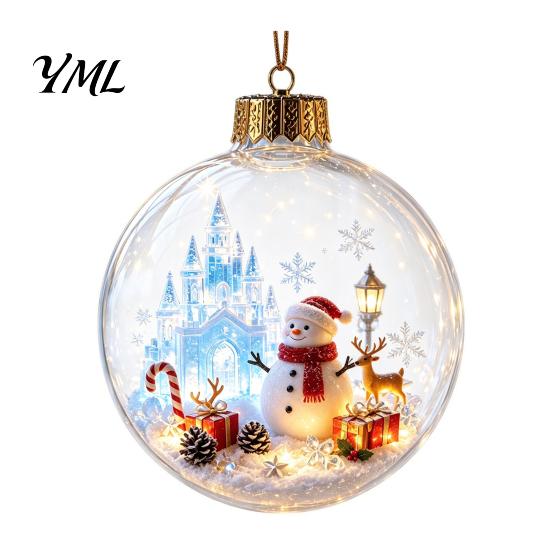 Decorative Hanging Spheres Glowing Christmas Ball Ornaments, Light-Up with Mini Holiday Scene, Acrylic Clear Decorations Tree Decor Warm LED Light for