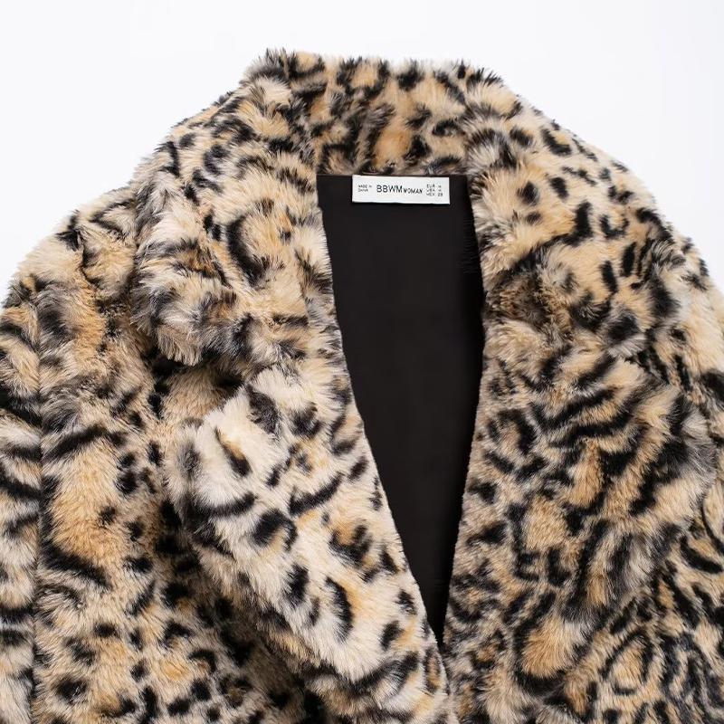 Modă Femei Blană Sintetică Imprimată Paltoane cu Un Singur Nasture Guler Rever Vintage Mâneci Lungi Doamnă Șic
