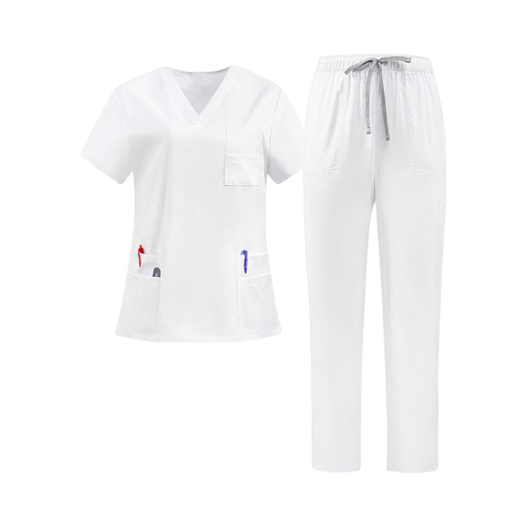 Women Nurse Scrub Set Quick Dry Fabric V Neck Short Sleeve Top with Pockets and Elastic Waist Drawstring Pants Medical Uniform