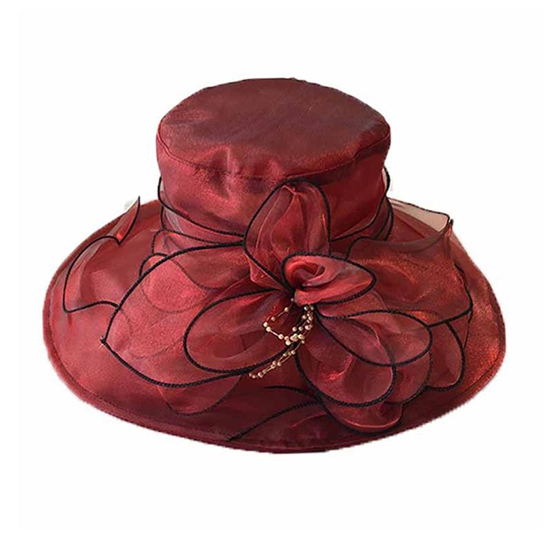 Vintage Organzový Klobouk s Širokou Krempou pro Ženy Klobouk k Církevním Šatům Svatební Klobouk Květinová Síťovina Sluneční Klobouk Párty Plážové Čepice