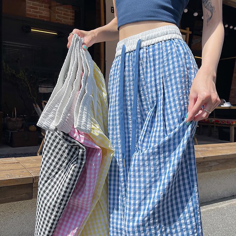 Petite Pink Plaid High Waist Wide Leg Summer Trousers for Women