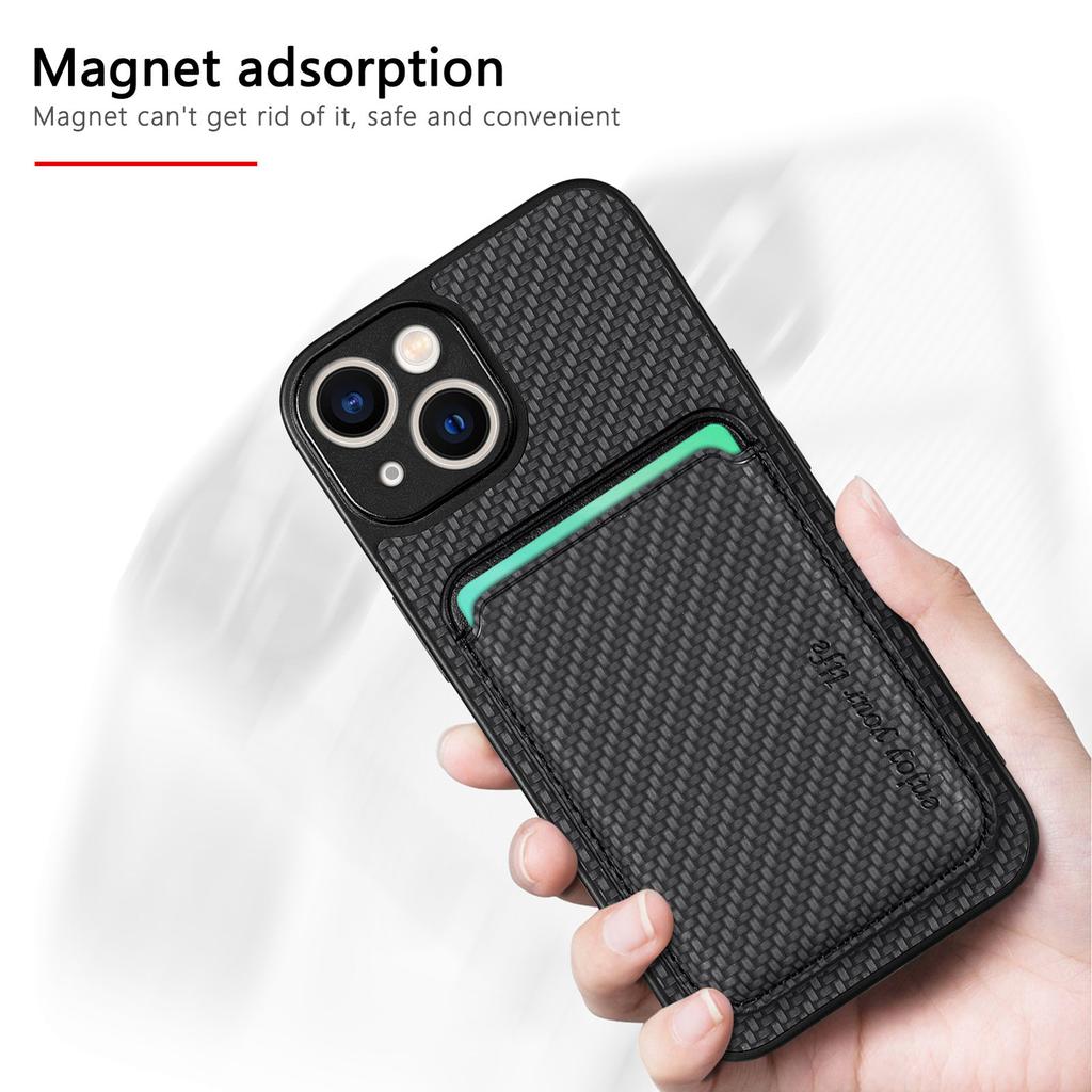Carbon Fiber Phone Case for iPhone 15,Leather+PC+TPU Cover with Detachable Magnetic Card Holder