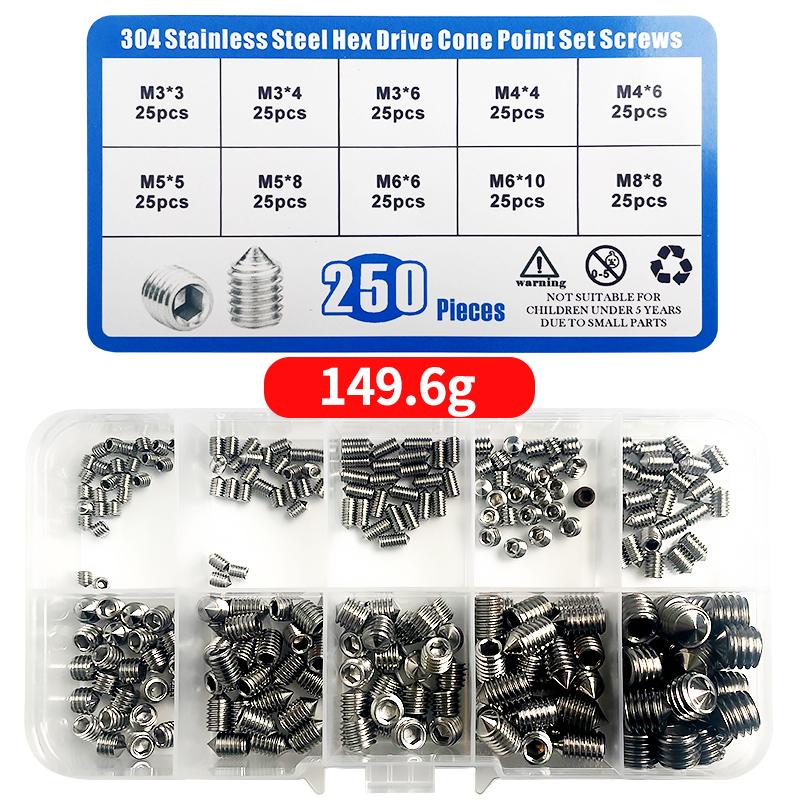 

250pcs/Box Hex Hexagon Socket Set Screw Cone Point Grub Screw Tapered End Headless Bolt M3 M4 M5 M6 M8 1 BOX