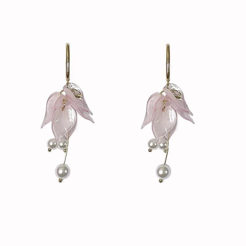 Super fairy sweet long petal pearl fringed earrings women's light luxury earrings exquisite stud earrings