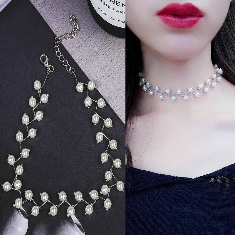 New Korean Pearl Necklaces for Women Gold Color Link Chain Choker Fashion Neck Accessories Elegant Collar Bijoux Femme